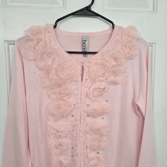 Berek Pink Rosette Appliqué Cardigan Sweater M Embellished Rhinestone Cotton - Picture 2 of 9